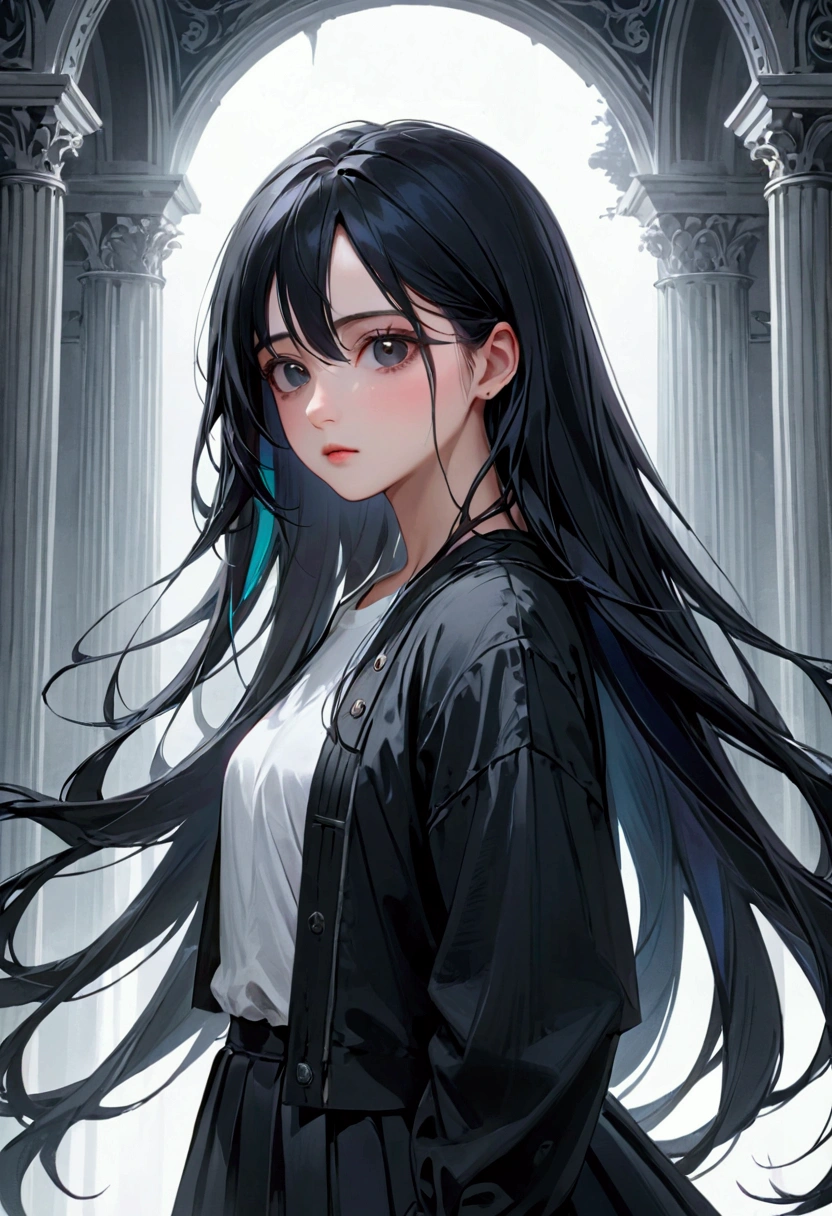 A girl with long black hair and black eyes, aesthetic, best quality, masterpiece, 8k