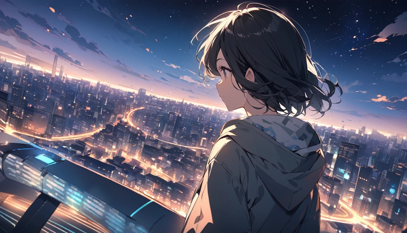 Starry Sky、One woman、Black Hair、Short Hair、Hair blowing in the wind、Wearing a hoodie、Back view、Full body portrait、Overlooking the city from afar