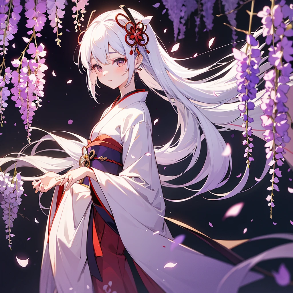 a beautiful geisha in the wisteria forest, dark night, , (Beautifully Aesthetic:1.2),wisteria, peace, tranquility, serenity, petals, red kimono, white hair