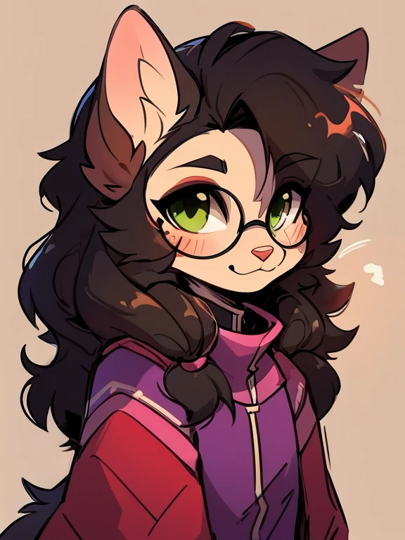 1 boy, furry, Antro, feline, domestic cat, antropomorfic cat, green eyes, blep, coffeesoda art style, e621, Fantazy adventurer, Black cat femboy, round glasses, black boddy, black hair, long hair, black fur, purple clothing.