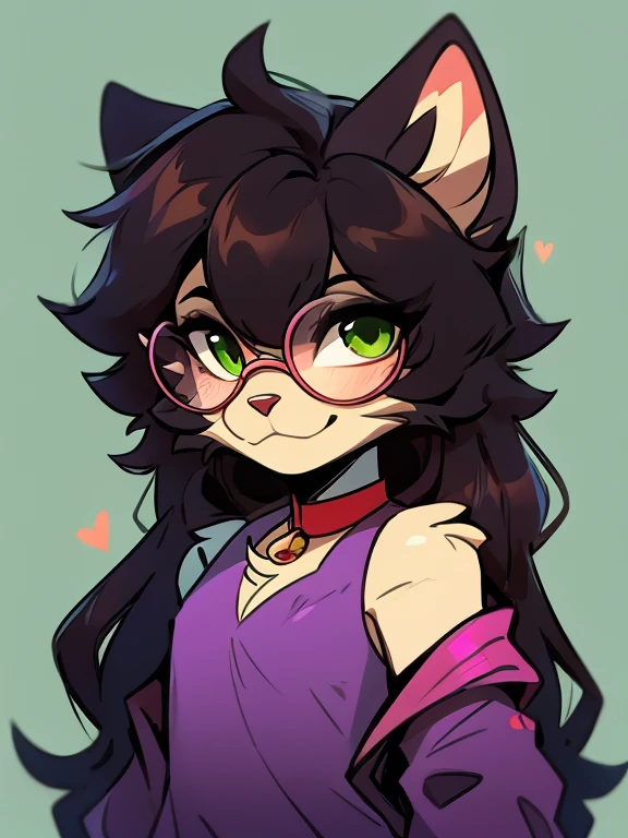 1 boy, furry, Antro, feline, domestic cat, antropomorfic cat, green eyes, blep, coffeesoda art style, e621, Fantazy adventurer, Black cat femboy, round glasses, black boddy, black hair, long hair, black fur, purple clothing.