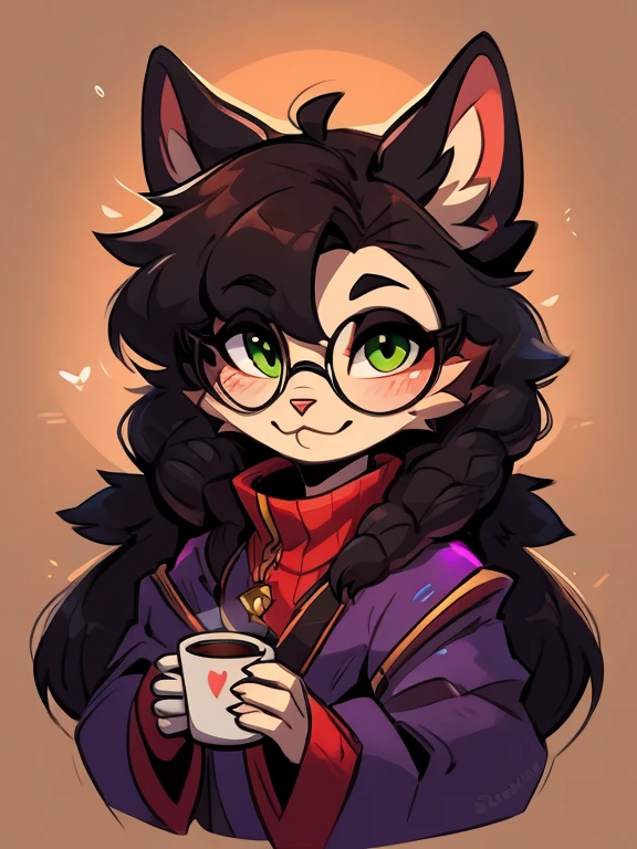 1 boy, furry, Antro, feline, domestic cat, antropomorfic cat, green eyes, blep, coffeesoda art style, e621, Fantazy adventurer, Black cat femboy, round glasses, black boddy, black hair, long hair, black fur, purple clothing.