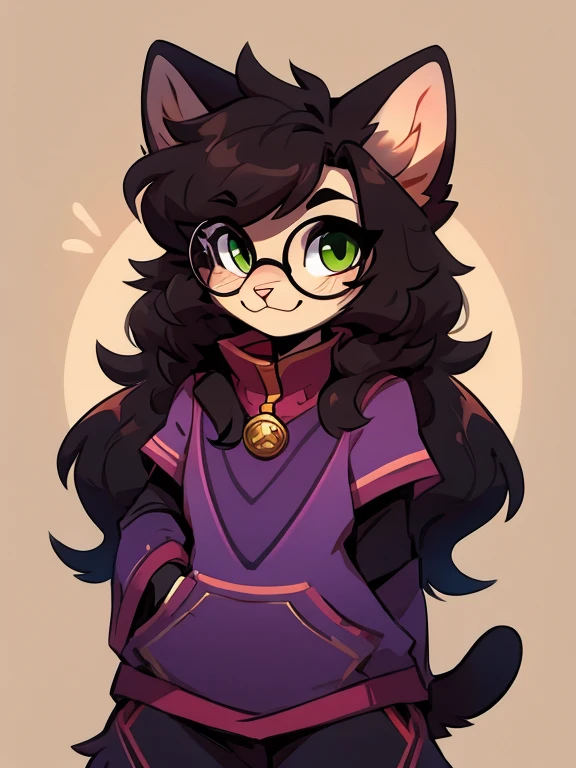 1 boy, furry, Antro, feline, domestic cat, antropomorfic cat, green eyes, blep, coffeesoda art style, e621, Fantazy adventurer, Black cat femboy, round glasses, black boddy, black hair, long hair, black fur, purple clothing.