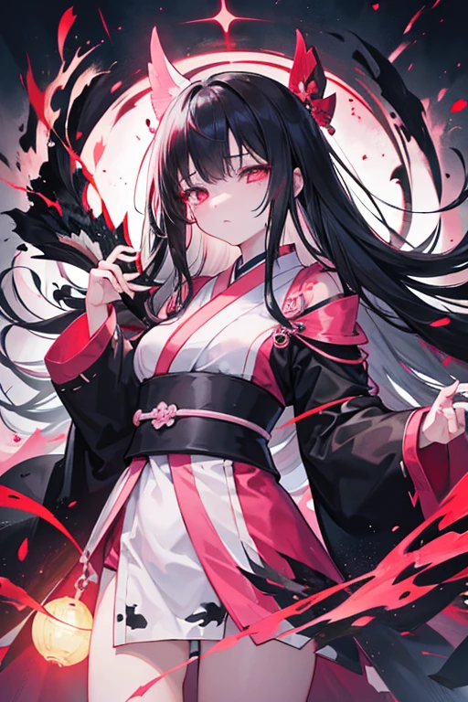 original character , One girl, (Expressionless:1.2) , Black Hair , bangs , emotionless eyes , Red and black color scheme, Close your mouth, (Eyes open wide:1.2), Glowing Eyes, Pink Eyes, Pink Eyes、kimono、Young Girl、witch、Long Hair
