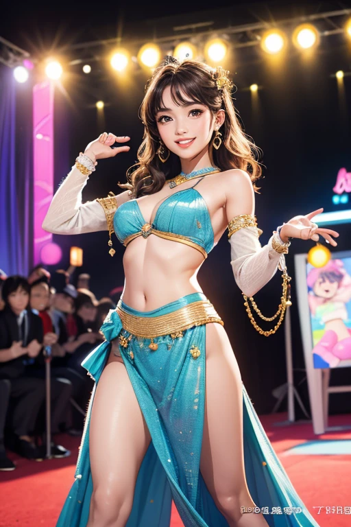(Highest quality、 8k 、masterpiece、High resolution)、Full Body Shot、15 year old girl、Idol、Cute smile、Pretty lips、Adorable eyes、Dancing with a smile、Outdoor Stage、AKB48 Costumes、Realistic、Official Art、Detailed CG、Professional Lighting、Professional photographer、