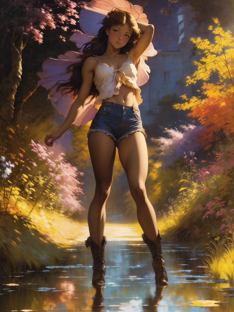 ((Solo full body Beautiful european woman with dark skin and striking eyes)), shadowed interior background, art by akihiko yoshida, manga art style, colorfield illustration, scary atmosphere, global illumination, by frank frazetta, art by goro fujita, glamor shot, banner, blur, anime key visual, (blue, yellow and gray colors), photorealistic dramatic anime girl, intricately detailed, chiaroscuro, pino daeni, impressionist (best quality, masterpiece)