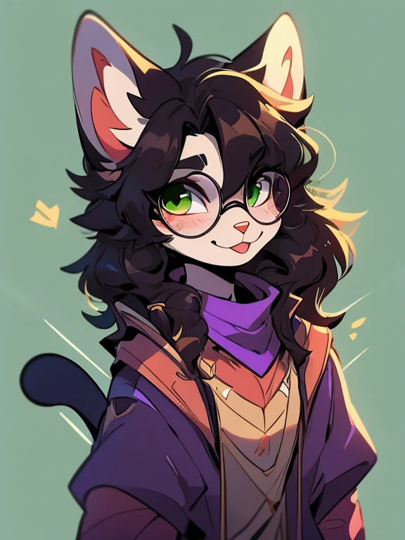 1 boy, furry, Antro, feline, domestic cat, antropomorfic cat, green eyes, blep, coffeesoda art style, e621, Fantazy adventurer, Black cat femboy, round glasses, black boddy, black hair, long hair, black fur, purple clothing.