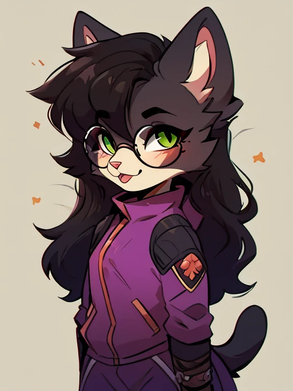 1 boy, furry, Antro, feline, domestic cat, antropomorfic cat, green eyes, blep, coffeesoda art style, e621, Fantazy adventurer, Black cat femboy, round glasses, black boddy, black hair, long hair, black fur, purple clothing.