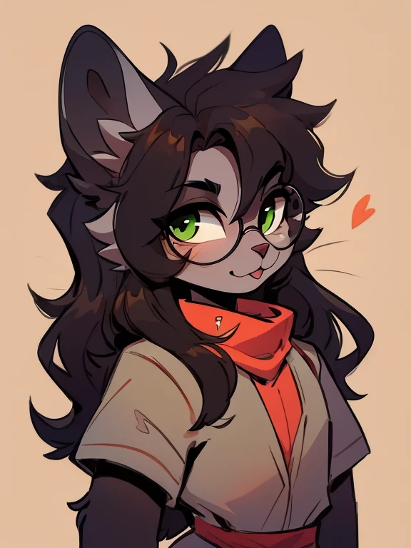 1 boy, furry, Antro, feline, domestic cat, antropomorfic cat, green eyes, blep, coffeesoda art style, e621, Fantazy adventurer, Black cat femboy, round glasses, black boddy, black hair, long hair, black fur, purple clothing.