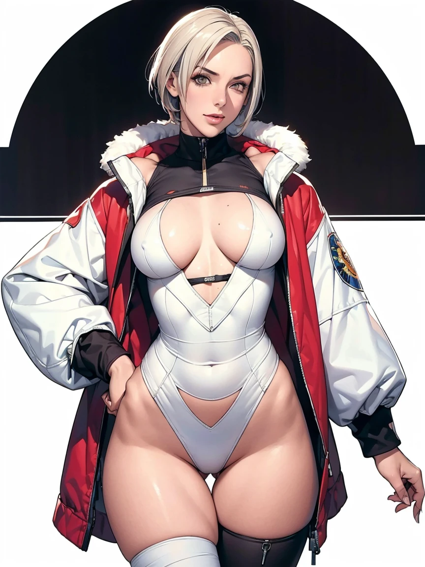 (((Annie Lennox))), (((colorful suit))), (scars), (((bandaged arms))), (((colorful clothes))) (( hood)), (((best quality: 1.4))), (Unbeatable masterpiece), (hyper HD),(CG 8k hyper-realistic), beautiful face, (((breasts big))), (((hyper feminine))), sexly girl, black tattoo,(ultra short red hair with white highlights)), ((( sculptural body ))), (((1 Kizi))), Kizi tatuada de 25 anos com perfect body,,Beautiful and well-groomed face,muscular body:1.2,solid color detailed jacket, (Head to thigh photos), Complex equipment, ,Tight clothes,With white stars and off-white stripes,,,,,Armor Metal Electronic Parts, Poison tattoos ) INFO, Kizi, (((standing alone))), , 24歳, sexy, pose de attitude, work of art, dancing, ((slight smile)), post-apocalypse, (((manga style))), bounty hunter, the way you want, perfect body, roupa moderna, advanced technology, white, yellow accent, black, red accent, fur collar jacket, sleeves with vertical striped pattern, background city, (( cowboy shot )). intricate visual, narrow waist, (((wide hips))), wide hips, fit thighs, (((thigh gap))), Thigh gap, background shows a futuristic airplane, open expression, expression happy