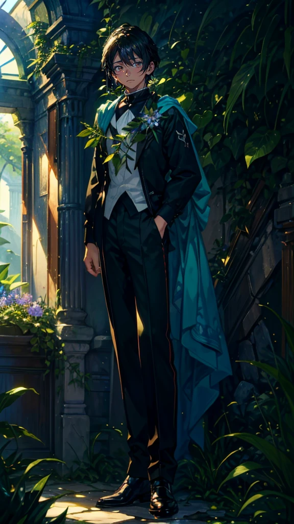 (Mastepiece), (Best Quality), Very detailed, (1 boy:1.5), (Full body solo shot:1.4), Perfect Face, Beautiful Boy, Very detailedな顔,(Black short hair:1.5),(Green Eyes:1.4),(half pants:1.4)、(Lots of butterflies々:1.4)、bird、(ruins、Plants、flower:1.4)、mysterious、Fantasy、beautiful、beautiful、(Close your eyes and laugh:1.3)、(Happy Face:1.4)、A big smile