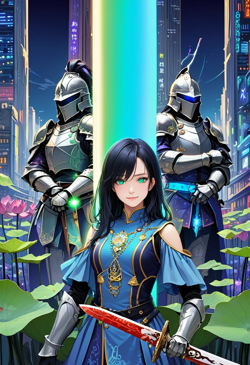 A girl holding a large lotus sword with both hands、The sword emits a blue light.、Black Hair、Shoulder-length hair、His right eye is jewel-like green.、His left eye is jewel-like blue.、The left and right eyes are different colors、Fantasy、Indigo military uniform cosplay、female knight、magic、city、Anatomically correct、Like the cover of a novel、Beautiful painting、Gaze, smile, Small chest、High resolution, Winner of numerous awards, High detail, far and near method, 
