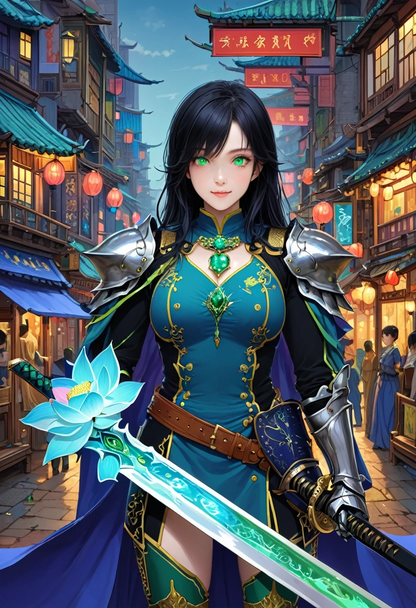 A girl holding a large lotus sword with both hands、The sword emits a blue light.、Black Hair、Shoulder-length hair、His right eye is jewel-like green.、His left eye is jewel-like blue.、The left and right eyes are different colors、Fantasy、Indigo military uniform cosplay、female knight、magic、city、Anatomically correct、Like the cover of a novel、Beautiful painting、Gaze, smile, Small chest、High resolution, Winner of numerous awards, High detail, far and near method,