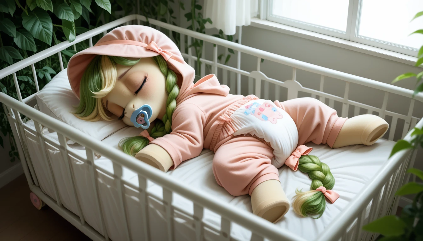 pony, beige earth pony, no horn, no wings, adult filly, lush mane braided into a braid, lush tail, closed eyes, sleeping in a crib, dressed in an onesie, bonnet and booties, pacifier in her mouth, solo, thick diaper under her clothes.