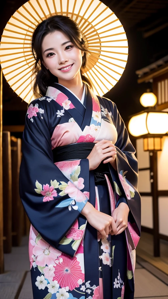 (Super beautiful woman in kimono)、((highest quality、8K masterpiece:1.3))、sharp focus:1.2、(super beautiful face:1.0)、(shiny skin:1.0)、realistic pictures、black hair、video lighting、High resolution eyes and face、video lighting、japanese actress、from the front、with a happy smile、whole body、wearing a kimono、in Kyoto、(luxury obi)、with a fan、Fireworks Display