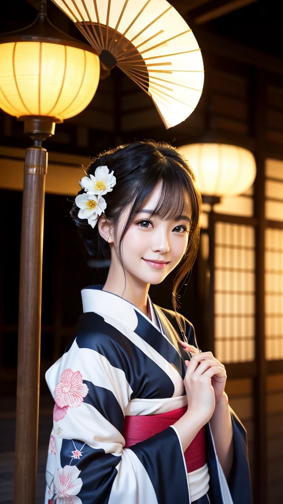 (Super beautiful woman in kimono)、((highest quality、8K masterpiece:1.harp focus:1.2、(subeautiful face:1.0)、(shiny skin:1.0)、realistic pictures、black hair、video lighting、High resolution eyes and face、video lighting、japanese actress、from the front、with a happy smile、whole body、wearing a kimono、in Kyoto、(luxury obi)、with a fan、Fireworks Display