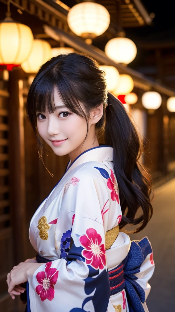(Super beautiful woman in kimono)、((highest quality、8K masterpiece:1.3))、sharp focus:1.2、(super beautiful face:1.0)、(shiny skin:1.0)、realistic pictures、black hair、video lighting、High resolution eyes and face、video lighting、japanese actress、from the front、with a happy smile、whole body、wearing a kimono、in Kyoto、(luxury obi)、with a fan、Fireworks Display