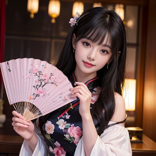best quality, Delicate face,beautiful visual work, lifelike, eternity, black hair, Long curly hair, blunt bangs, Smile, 在flower园里, flower, Detailed Background, Delicate face,pink blush,cold,((masterpiece))、(top quality)、8k、high detail、Super detailed,21 years old female,Wearing Chinese cheongsam、Seductive and whimsical style、masterpiece、born、Scenes resembling fairy tale illustrations、intricate details和複雜的設計、Beautifully、magic、capricious、 Beautifully、Dream aesthetics、「𝓡𝓸𝓶𝓪𝓷𝓽𝓲𝓬、ethereal、charming、fickle、magic」、realism、Visual effects、FXAA、SSAO、Shader、voiceless、ambient lighting、Tone mapping、High resolution、Ultra high quality、Million pixels、(8K resolution:1.10)、8k、8k以下、8K resolution、high detail、intricate details, (high quality:1.2、masterpiece:1.2、:1.21)、(21 years old female:1.21)、(興奮地Smile)、(Surrounded by a dreamy atmosphere、Model diagram,full-body shot,Normal 2 feet,Don't show your fingers,The fan unfolds under the chin