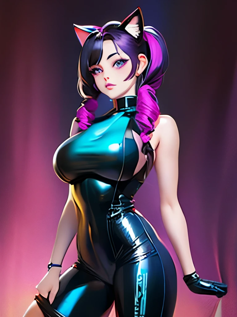 (masterpiece),(best quality),extreamly delicate and beautiful,illustration,((perfect female figure)),mature female,1 rider girl,i:p masquerena, bodysuit,black very long hair,twintails, purple eyes, cyberpunk  city background,cat ears helmet,