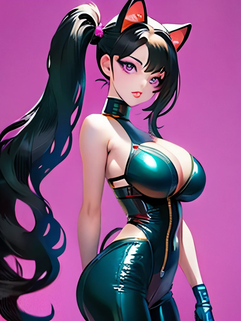 (masterpiece),(best quality),extreamly delicate and beautiful,illustration,((perfect female figure)),mature female,1 rider girl,i:p masquerena, bodysuit,black very long hair,twintails, purple eyes, cyberpunk  city background,cat ears helmet,