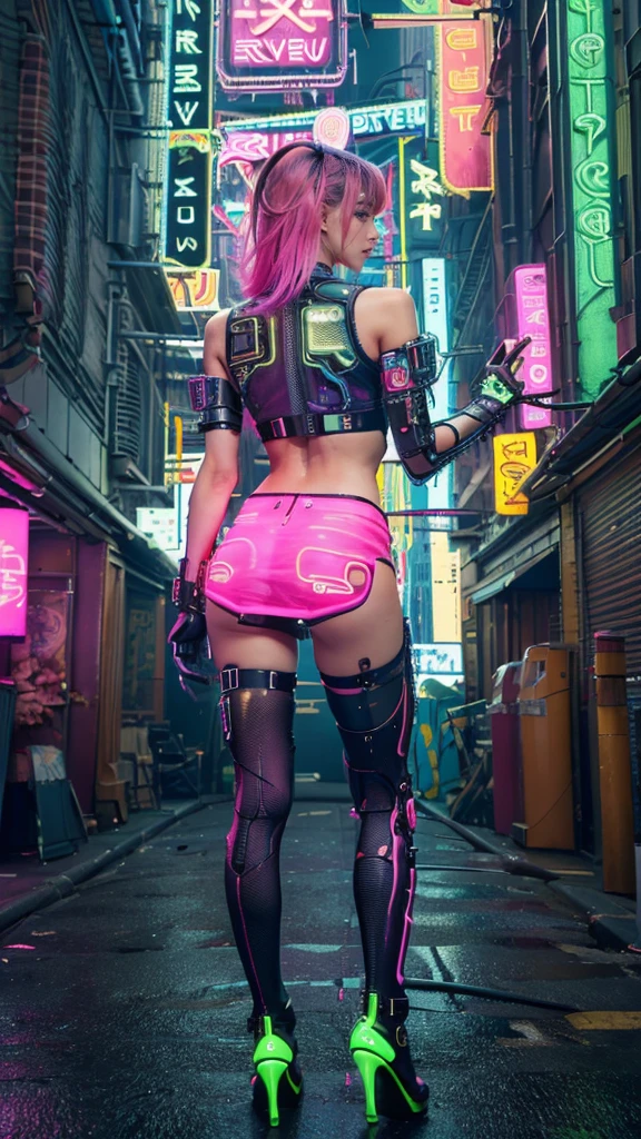(Tabletop, Highest quality, Highest quality, Official Art, beautifully、aesthetic:1.2),(One Girl:1.4),whole body,([pink|green] hair:1.5),Very detailed,(Fractal Art:1.3),(colorful:1.5),Best details,(Mechanical transformation:1.3),(Fixed:1.2),Otome,(A complex mechanical conduit is  into his back.:1.5),catheter,(Neon Background:1.4),(Neon City:1.75),night,Large Breasts,_Lolita:1.2),Higs,(:0.75),compensate,blush,(cyber punk:1.4),((View your viewers:1.3)),((Recall)),Sofia Boutella, Brunette, Sunburn, huge , Nikon d850 film stock photos 4 kodak portra 400 camera f1.6 Lenses、Rich colors、Ultra-realistic and realistic texture、Dramatic lighting、UnrealEngine、Trending on Artstation、cinestill 800,