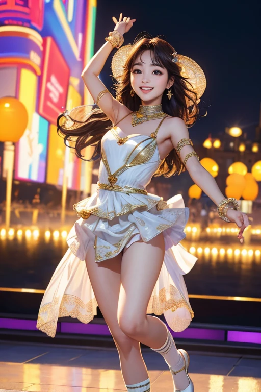 (Highest quality、 8k 、masterpiece、High resolution)、Full Body Shot、15 year old girl、Idol、Cute smile、Pretty lips、Adorable eyes、Dancing with a smile、Outdoor Stage、AKB48 Costumes、Realistic、Official Art、Detailed CG、Professional Lighting、Professional photographer、