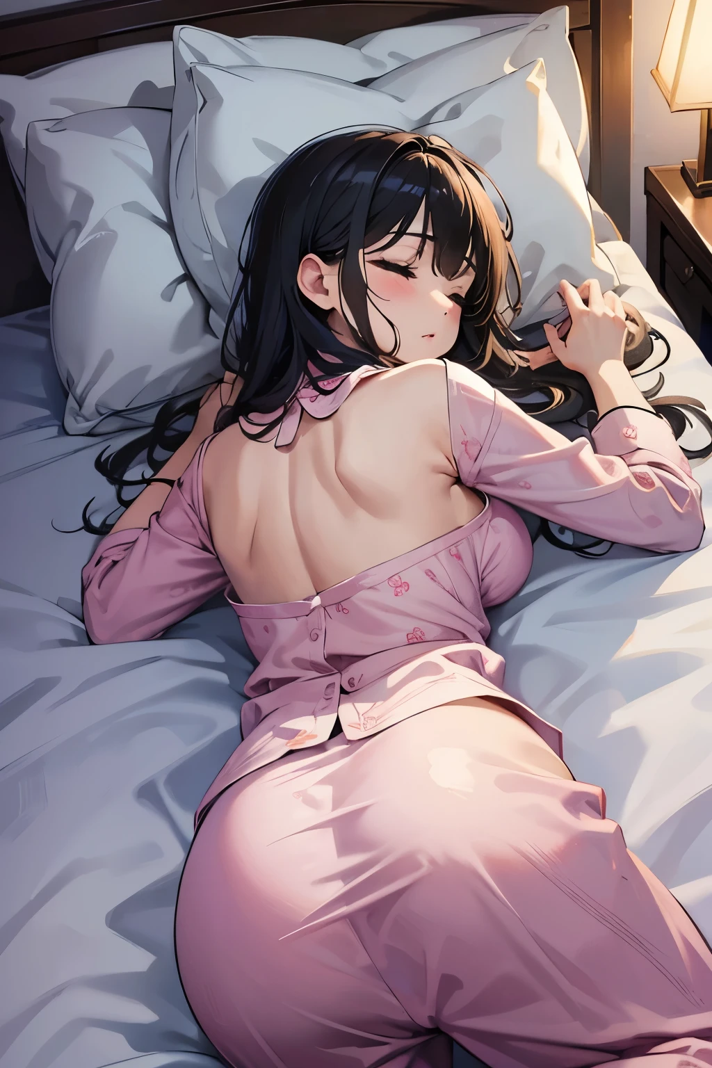 masterpiece, Highest quality, pajamas, Sleep, bed, lying in bed、Adorable expression、Overlooking、Sleeping、Put your hands down、Beautiful buttocks、Lying on your back、Butt Emphasis、