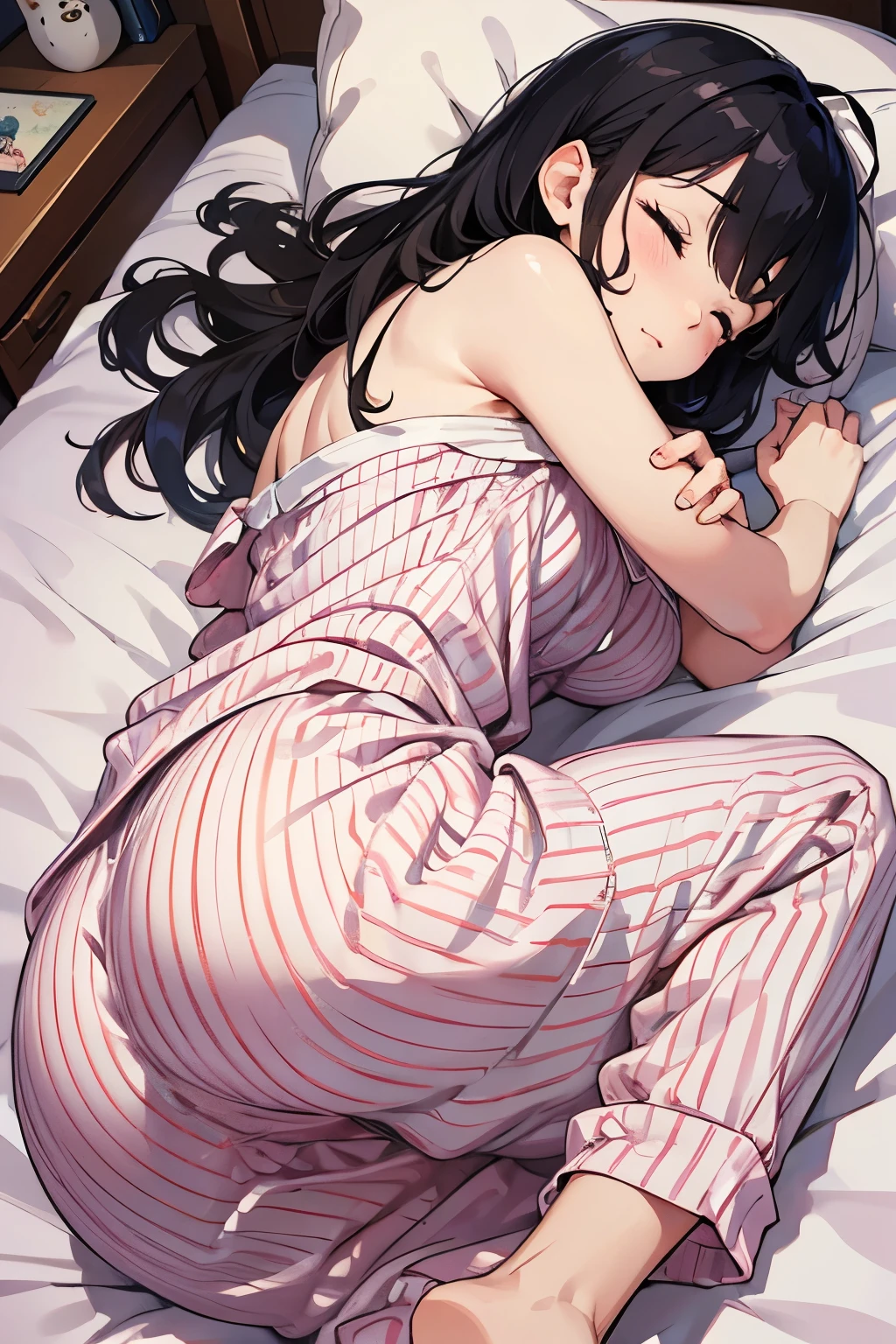 masterpiece, Highest quality, pajamas, Sleep, bed, lying in bed、Adorable expression、Overlooking、Sleeping、Put your hands down、Beautiful buttocks、Lying on your back、Butt Emphasis、