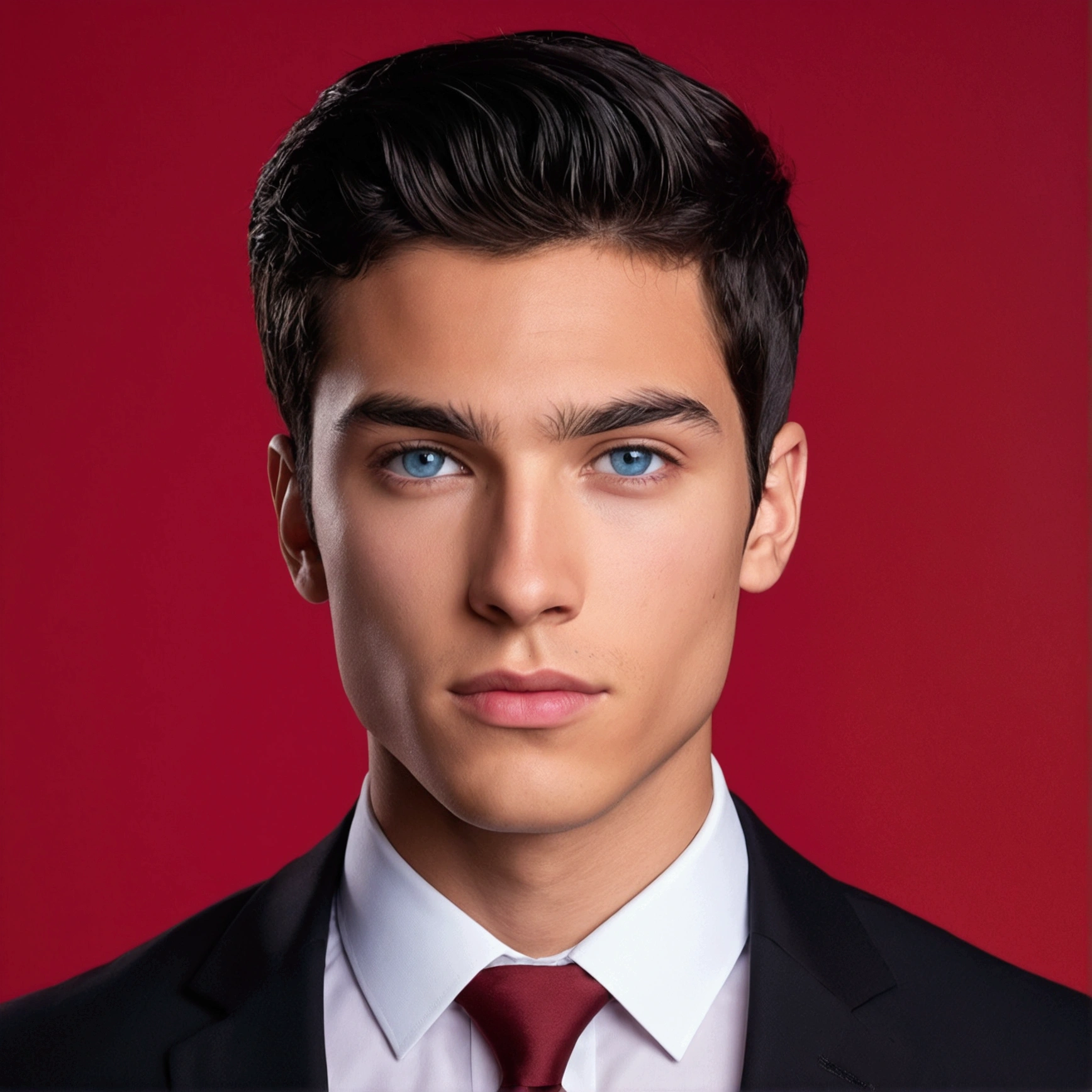 "A 23-year-old male with mixed Hispanic and Caucasian features. He has short black hair, blue eyes, a square jawline, and medium lips. He is wearing a black business suit with a white shirt and a red tie. The background is a dim, red photoshoot backdrop. UHD, masterpiece, anatomically correct, textured skin, high details, best quality."