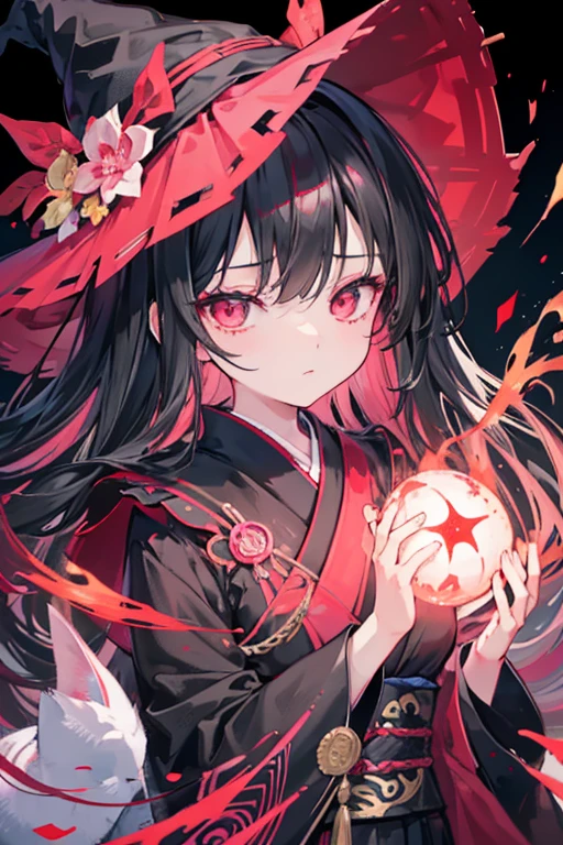 original character , One girl, (Expressionless:1.2) , Black Hair , bangs , emotionless eyes , Red and black color scheme, Close your mouth, (Eyes open wide:1.2), Glowing Eyes, Pink Eyes, Pink Eyes、kimono、Young Girl、witch、Long Hair、Very short、Very young