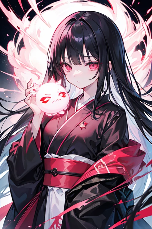 original character , One girl, (Expressionless:1.2) ,  Black Hair , bangs , emotionless eyes , Red and black color scheme, Close your mouth, (Eyes open wide:1.2), Glowing Eyes, Pink Eyes, Pink Eyes、kimono、Young Girl、witch、Long Hair、Very short、Very young