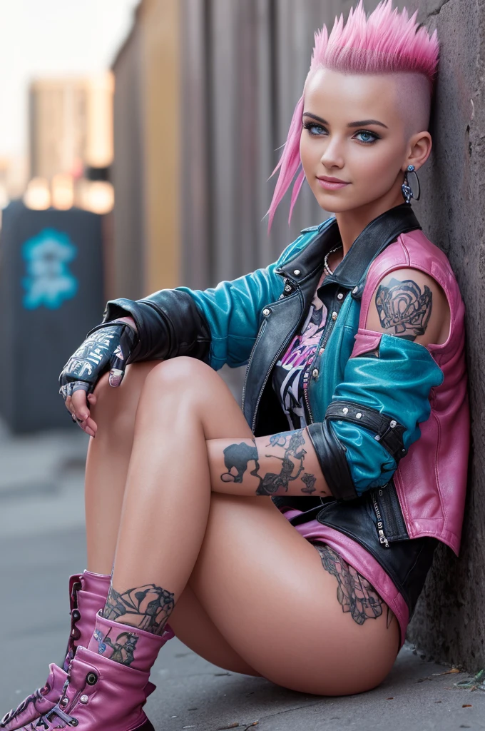 (RAW,, Nikon Z 14mm ultra-wide angle lens, award-winning glamour photography, ((best quality)), ((masterpiece)), ((realistic)), skin pores, subsurface scattering, radiant light rays, high resolution, detailed facial features, high detail, sharp, smooth, aesthetic, extremely detailed focus, (extremely detailed eyes, extremely detailed iris), extremely detailed hair, extremely detailed skin, extremely detailed clothing,  octane rendering, photorealistic, realistic, post-processing, maximum detail, realistic shadows, roughness, natural skin texture, real life, ultra-realistic, photorealism, photography, 8k UHD, photography, HDR, intricate, elegant, highly detailed, sharp focus, stunning, beautiful, beautiful), (masterpiece: 1.2), (best quality: 1.2), perfect eyes, perfect face, volumetric lighting, 1girl, young woman, punk, mohawk, (?????), (open mini pink leather shirt ), tattoos, smile, paint,  graffiti, urban environment, pink hair, blue eyes, fingerless gloves,  leather pants, detailed background of the alley, (sitting on the street)