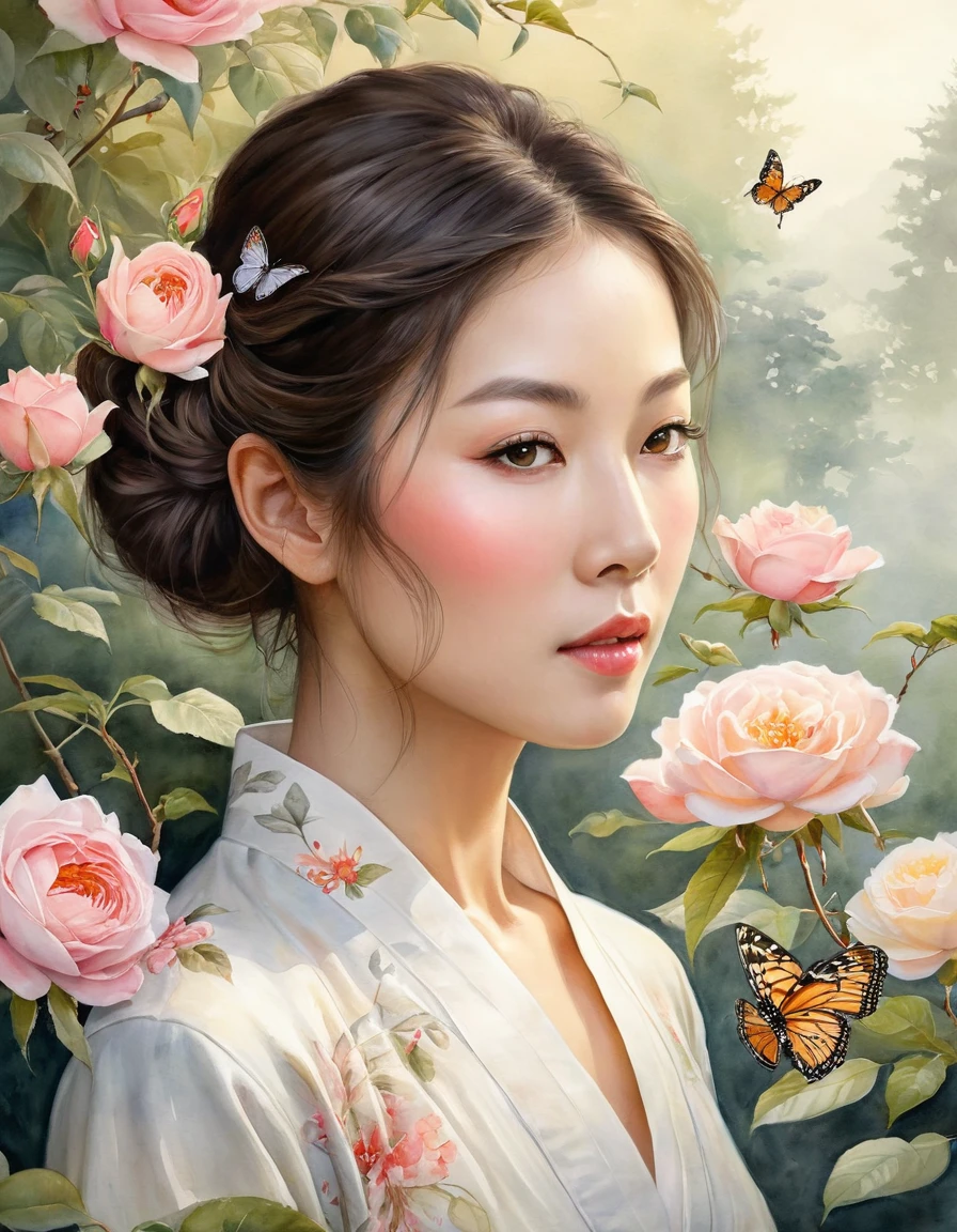 A delicate watercolor portrait of Yuko Nagayama, set against the backdrop of a serene Japanese garden landscape. Soft morning light filters through the blossoming tea roses, casting a hazy, dream-like glow. Graceful butterflies dance amid the lush foliage, creating a sense of enchantment and tranquility. The scene is rendered with exquisite attention to detail, blending elements of realism and fantasy in a visually stunning, high-resolution digital artwork with a subtle, shabby-chic aesthetic.