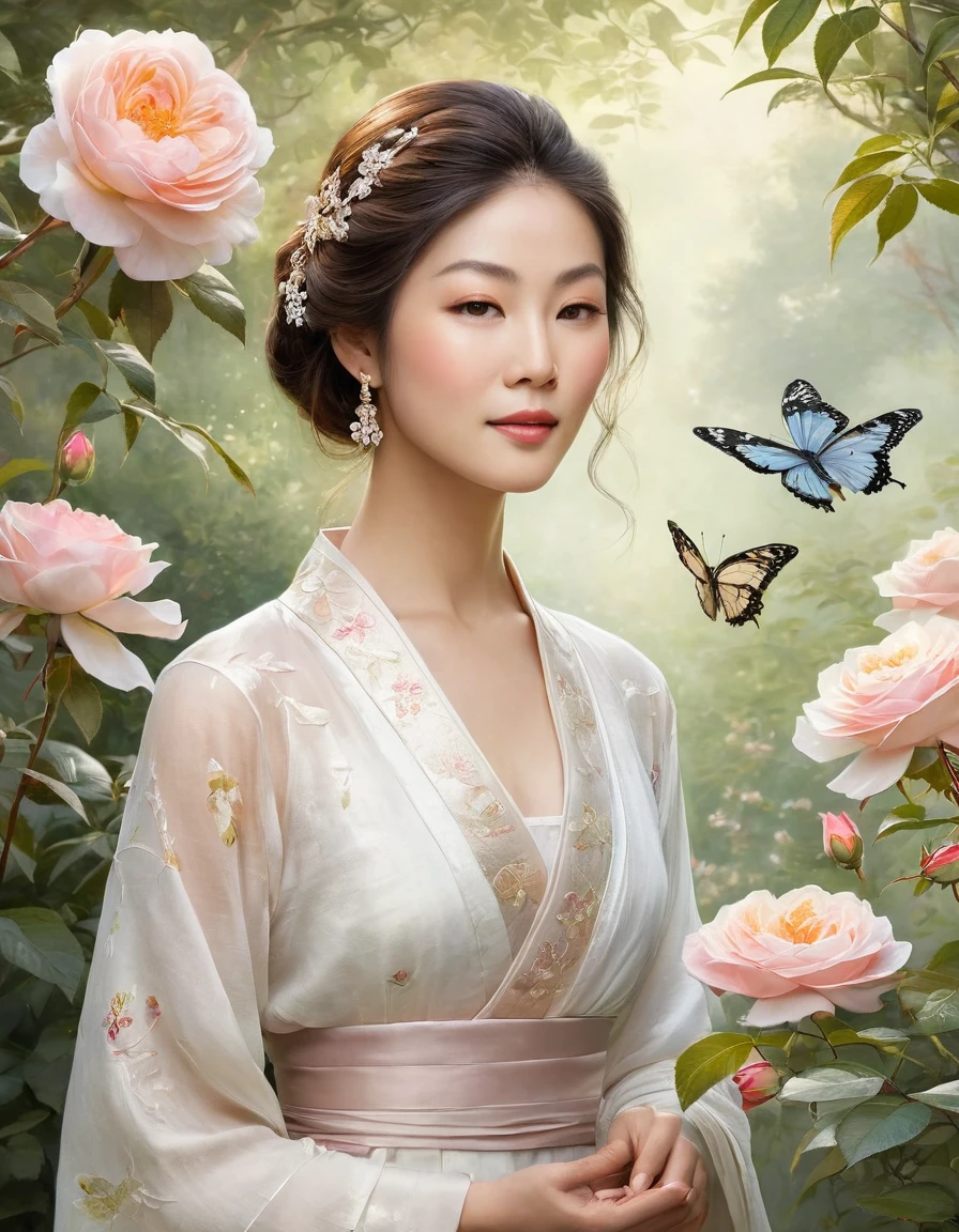 A delicate watercolor portrait of Yuko Nagayama, set against the backdrop of a serene Japanese garden landscape. Soft morning light filters through the blossoming tea roses, casting a hazy, dream-like glow. Graceful butterflies dance amid the lush foliage, creating a sense of enchantment and tranquility. The scene is rendered with exquisite attention to detail, blending elements of realism and fantasy in a visually stunning, high-resolution digital artwork with a subtle, shabby-chic aesthetic.