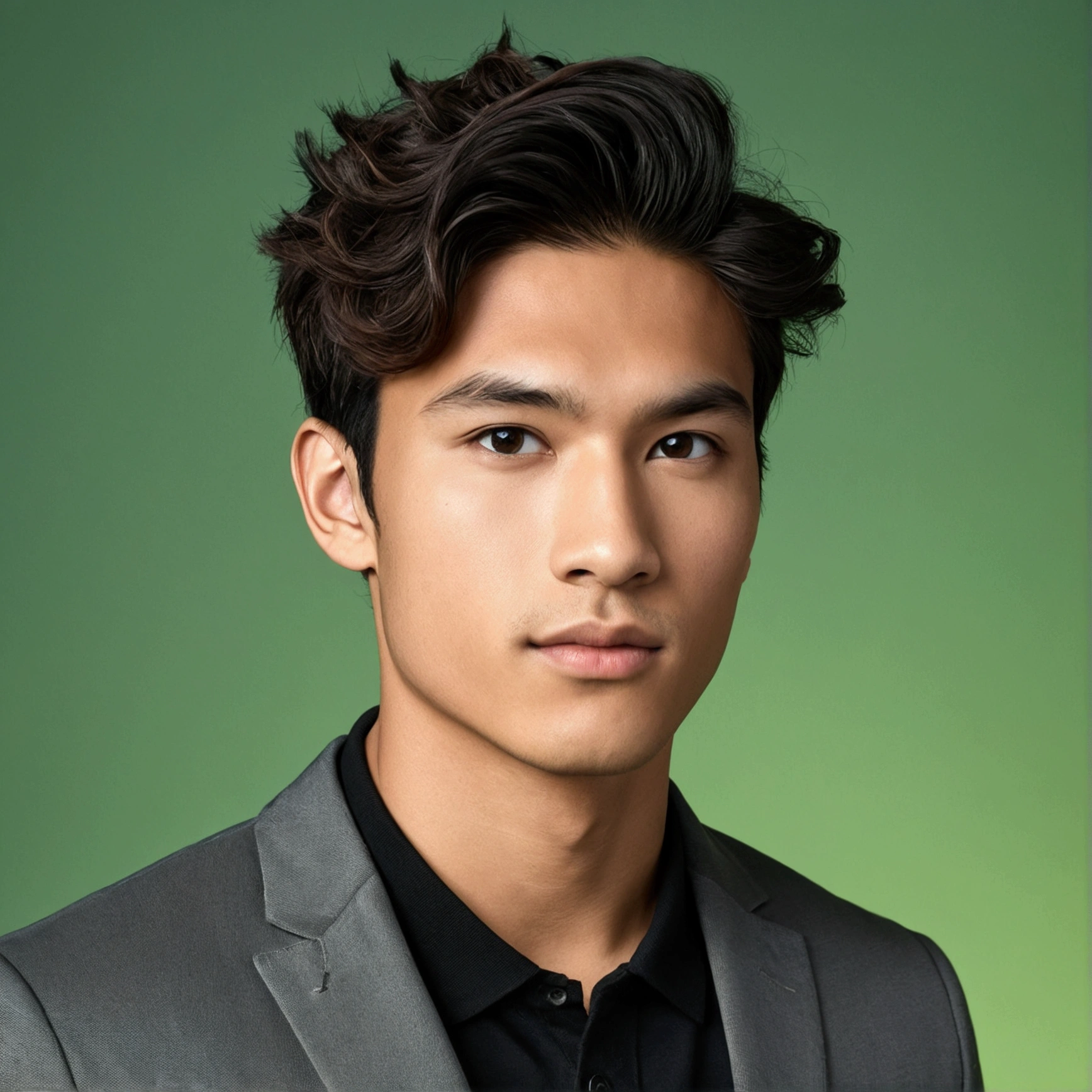 "A 25-year-old male with mixed Asian and Native American features. He has wavy dark brown hair, hazel eyes, a narrow face, and a defined jawline. He is wearing a grey smart casual blazer with a black t-shirt. The background is a dim, green photoshoot backdrop. UHD, masterpiece, anatomically correct, textured skin, high details, best quality."