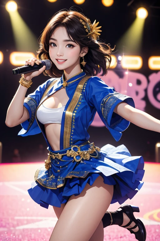 (Highest quality、 8k 、masterpiece、High resolution)、Full Body Shot、15 year old girl、Idol、Cute smile、Pretty lips、Adorable eyes、Dancing with a smile、Outdoor Stage、AKB48 Costumes、Realistic、Official Art、Detailed CG、Professional Lighting、Professional photographer、