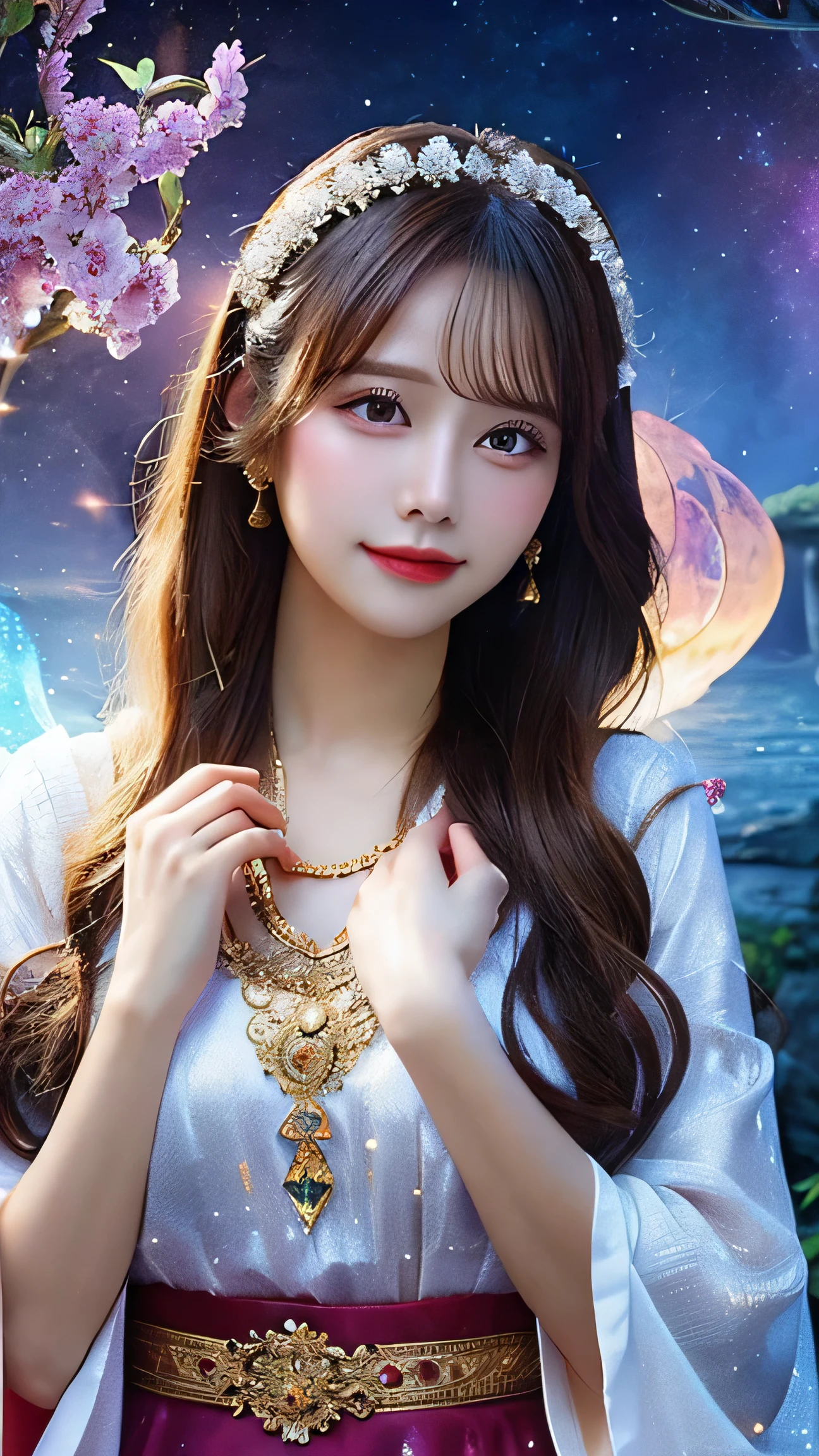 Look forward,The body is looking forward.,
Look straight into the camera.,A woman with long hair and a crown on her head, Beautiful fantasy empress, Portrait of a girl in the Knights of the Zodiac, Detailed digital anime art, anime goddess, goddess. Extremely high detail, Fantasy art style, Anime fantasy illustration, ((Beautiful fantasy empress)), Anime fantasy artwork, 8k high quality detailed art, a stunning portrait of a goddess, gorgeous goddess of leo,smile