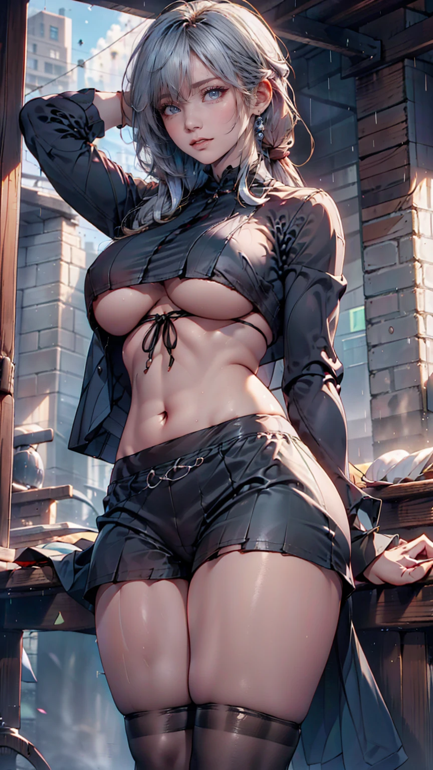 24-year-old female、Silver Hair、Tying up hair((tied hair))、Sexy proportions、Narrow waist、Underboob Top((underboob top))、Lower milk visible、Saggy breasts、Navel visible、Low rise leggings、Stiletto heels、The city after the rain、Rainbow in the sky
