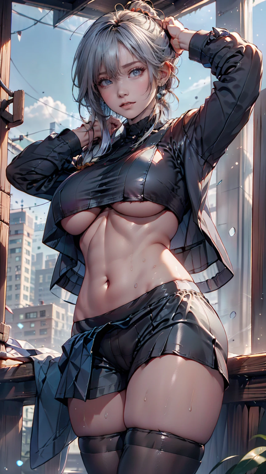 24-year-old female、Silver Hair、Tying up hair((tied hair))、Sexy proportions、Narrow waist、Underboob Top((underboob top))、Lower milk visible、Saggy breasts、Navel visible、Low rise leggings、Stiletto heels、The city after the rain、Rainbow in the sky