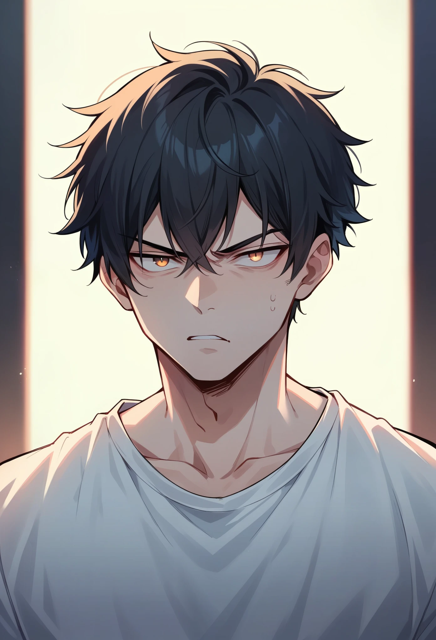 male,Black Hair,Short Hair,Glaring at me,White shirt,Neon light in my face,The skin is slightly transparent,Dark Room,(joint:1.1),Light,