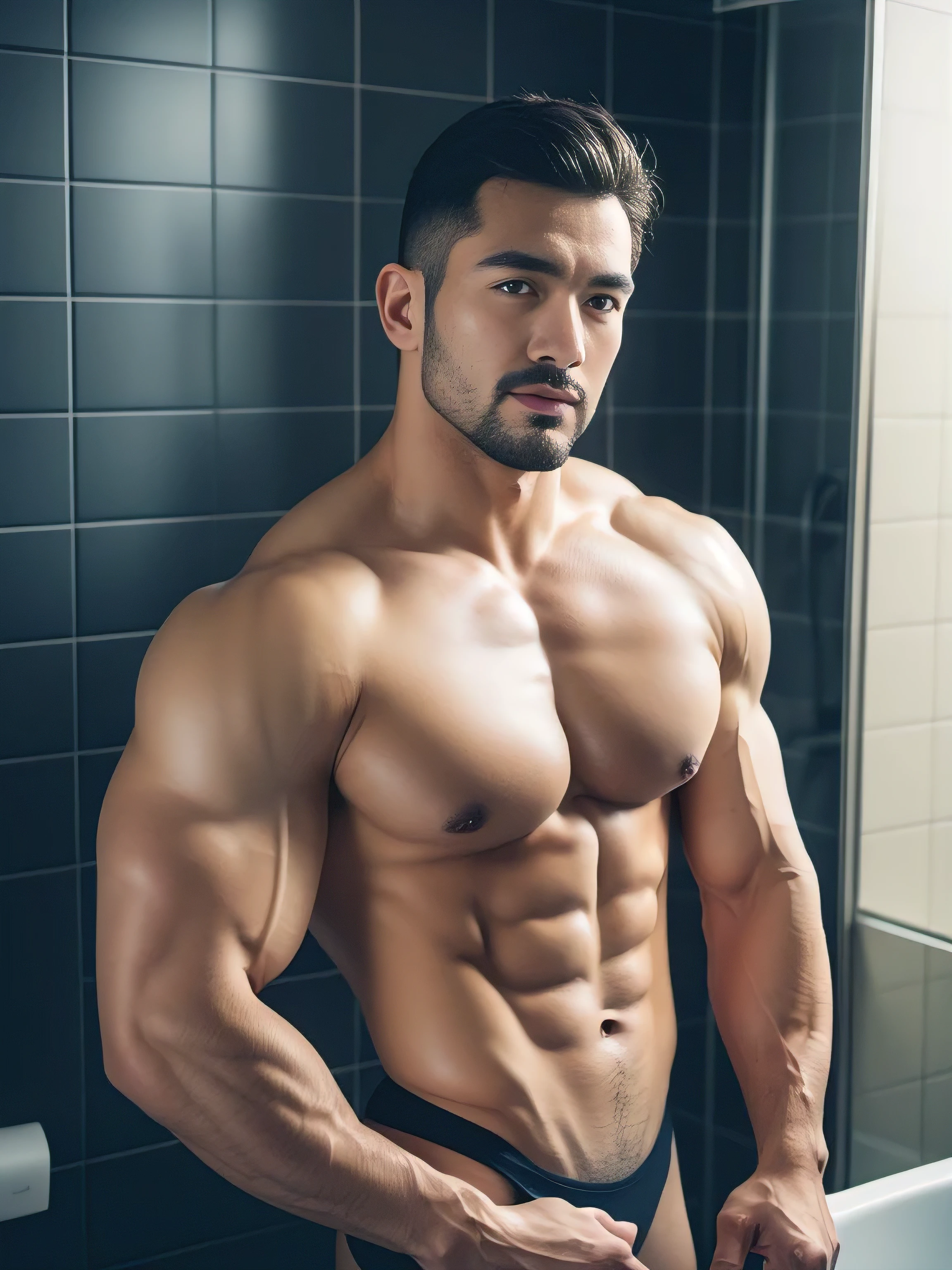 tmasterpiece, Best quality, A sexy handsome Asian muscular man,Bodybuilding Champion,(((Single black bathroom))),Have sideburns and stubble,Sideburns and stubble,Hands caressing his chest and nipples,Handsome Asian man with stubble,Short hair details、Handsome Asian muscular man with stubble, bodybuilder, muscle body, very large muscles, Bodybuilding champion,delicate skin,Raised nipples,Natural Eyes, Big bulge in transparent underwear,Low-rise panties, Short hair details, Sexy guys, looking at viewert, No top, transparent panty, Men's briefs, pubes, Eternal, Muscle posture, Ultra-high quality, XT3, Crystal clear, 8k Ultra HD, High Detail, Ultra Realistic Photo, (Realistic skin), ((pores)), ((high detail skin))、Volumetric Light、groin、far、Complex 3D visualization、High Detail、Real human skin ((Correct body structure))、((((Correct anatomy)))、(((Forced noise reduction)))