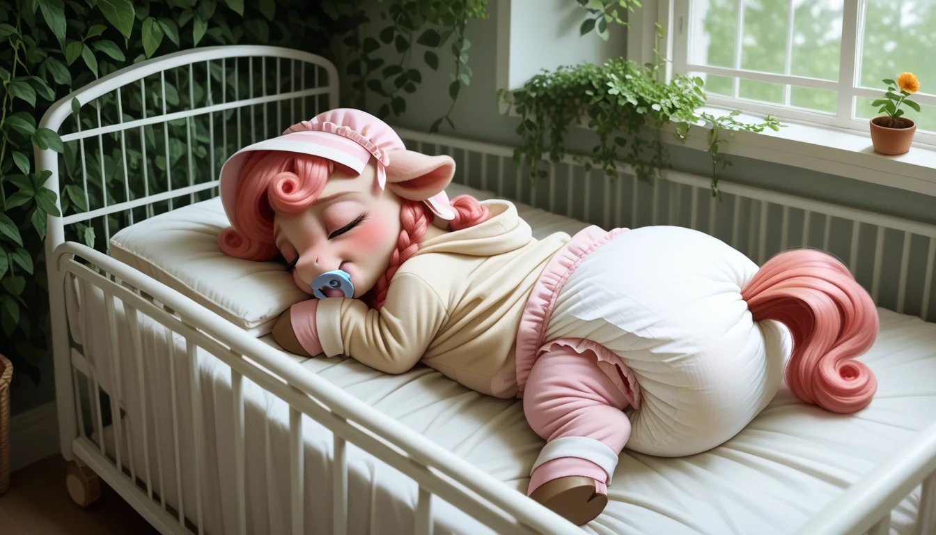 pony, beige earth pony, no horn, no wings, adult filly, lush mane braided into a braid, lush tail, closed eyes, sleeping in a crib, dressed in an pajamas and bonnet, pacifier in her mouth, solo, thick diaper under her clothes.