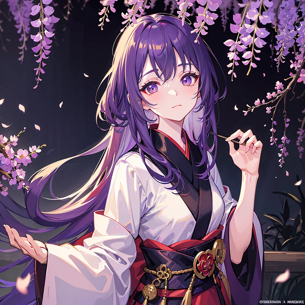 portrait of a beautiful geisha in the wisteria forest, close face, dark night, , (Beautifully Aesthetic:1.2),wisteria, peace, tranquility, serenity, petals, red kimono, white hair