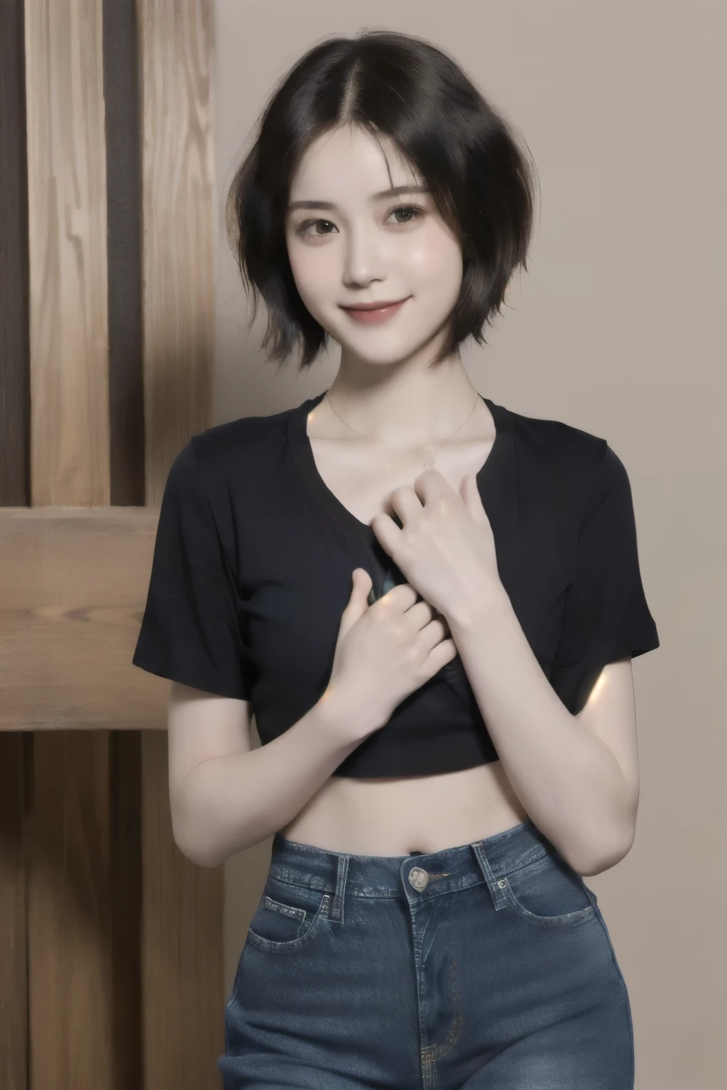 2. 20-year-old female,(short hair:1.46),(chest:1.5),Old-fashioned smile,(Leonardo da Vinci'sTShirt and jeans)