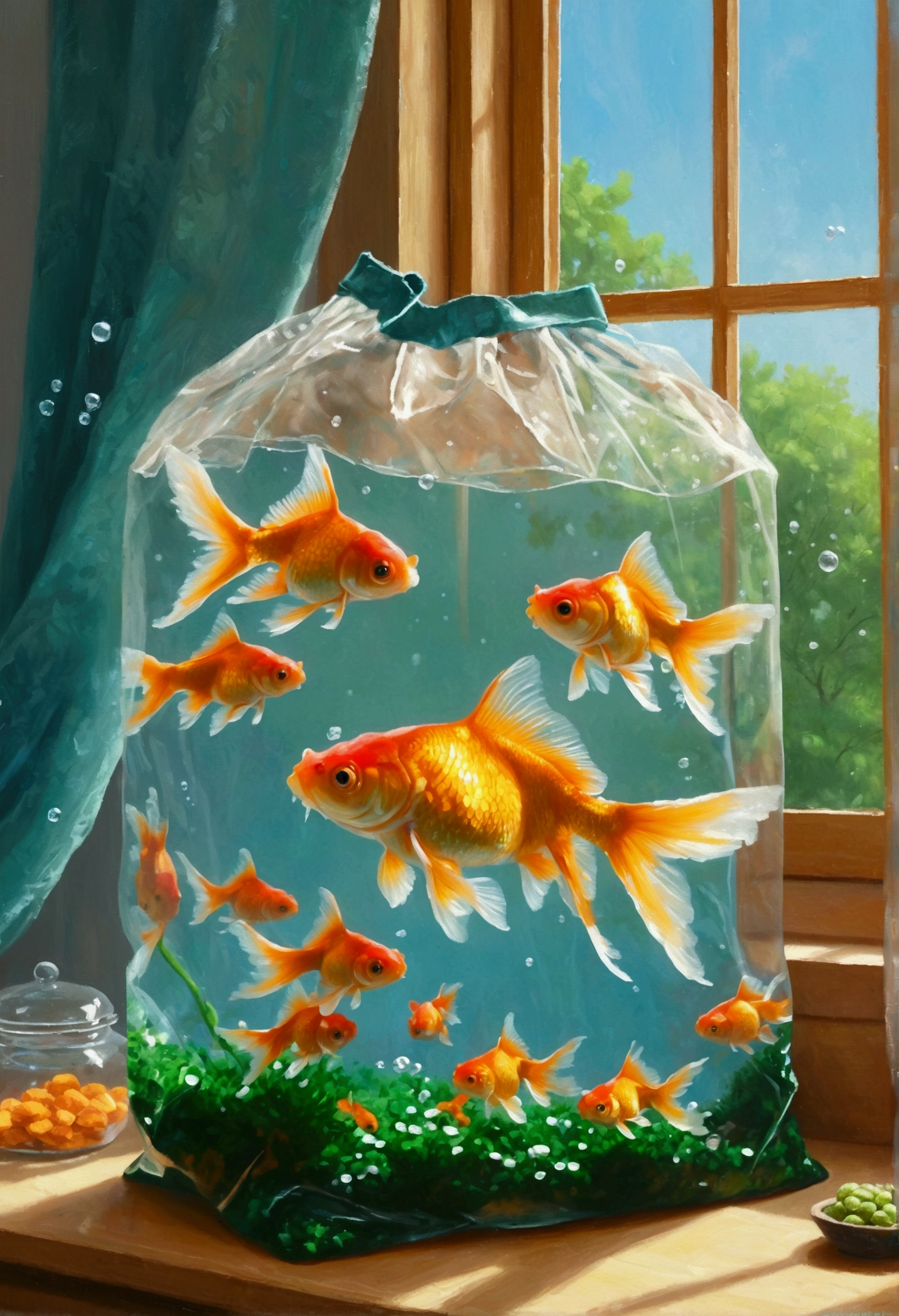 there are many goldfish in a bag on the windowsill, A realistic painting by Yang Jianjun, cg Club Competition Winners, Photorealism, goldfish, Vadim Kashin. Surreal, Fish, in goldfish armor, floating goldfish, 水中goldfish外骨骼, Fish floating in bedroom, A beautiful artistic illustration, super Realistic style, Realistic style