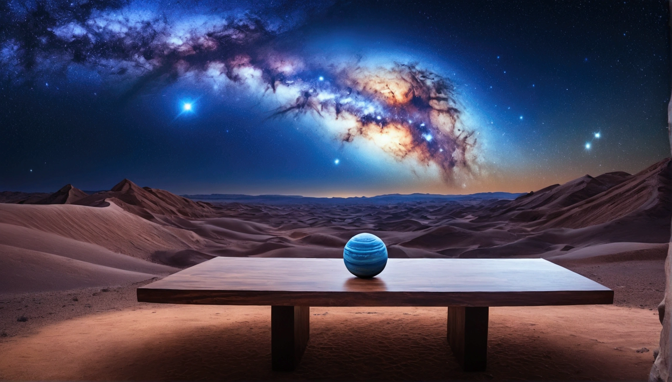 Giant planets, Barren desert, night, Starry Sky, Surrealism, On the table, high resolution、Impressive Milky Way in the distance blue sky