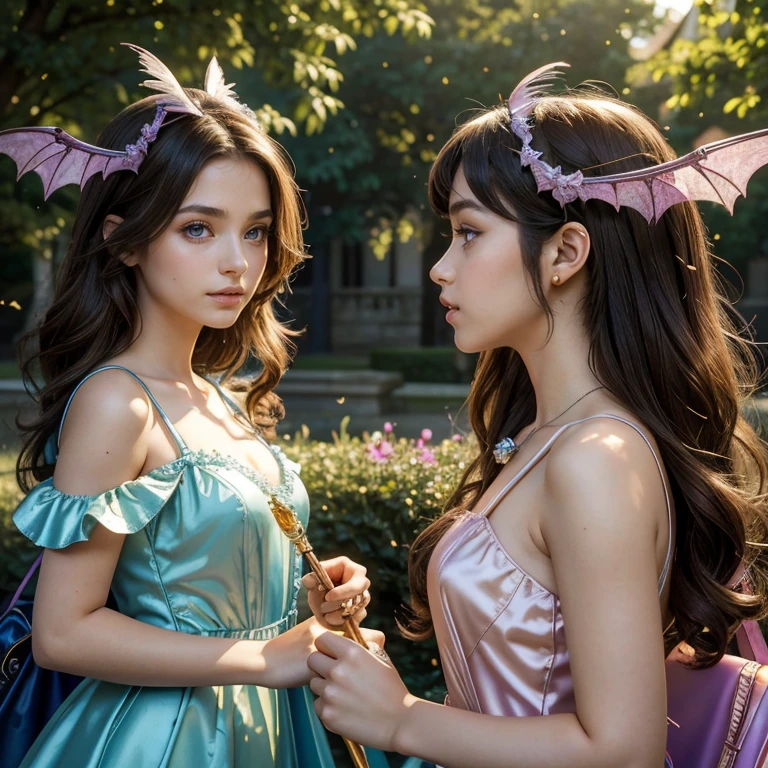 (​masterpiece, best quality:1.5), highest quality, High resolution, super detailed, Realists, Upper body photo of a brunette 14-year-old magical girl, detailed and beautiful eyes, beautiful detailed lips, very detailed eyes and face, longeyelashes, shiny satin dress, Holding a magic wand in your hand, Cast a transformation spell, A snake turns into a feather, Magic wands present and shiny, Beautiful and colorful makeup, elegant and noble々The jewelry bag, Gardens as background, soft daylight, bright colors, fine brushstrokes, Portrait style, Silk dress fabric, beautiful color palette, glowing skin, First-class rendering, that captures every detail, enchanting atmosphere, subtle shadows and lights, (perfect anatomy:1.2), (The two stunning 14 and 12 year old magical girls transform a snake into a feather (a transformation with the magic wand:1.4), (magnificent panorama view:1.2)