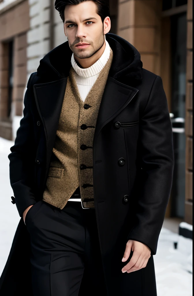 black medieval winter male overcoat black clothing