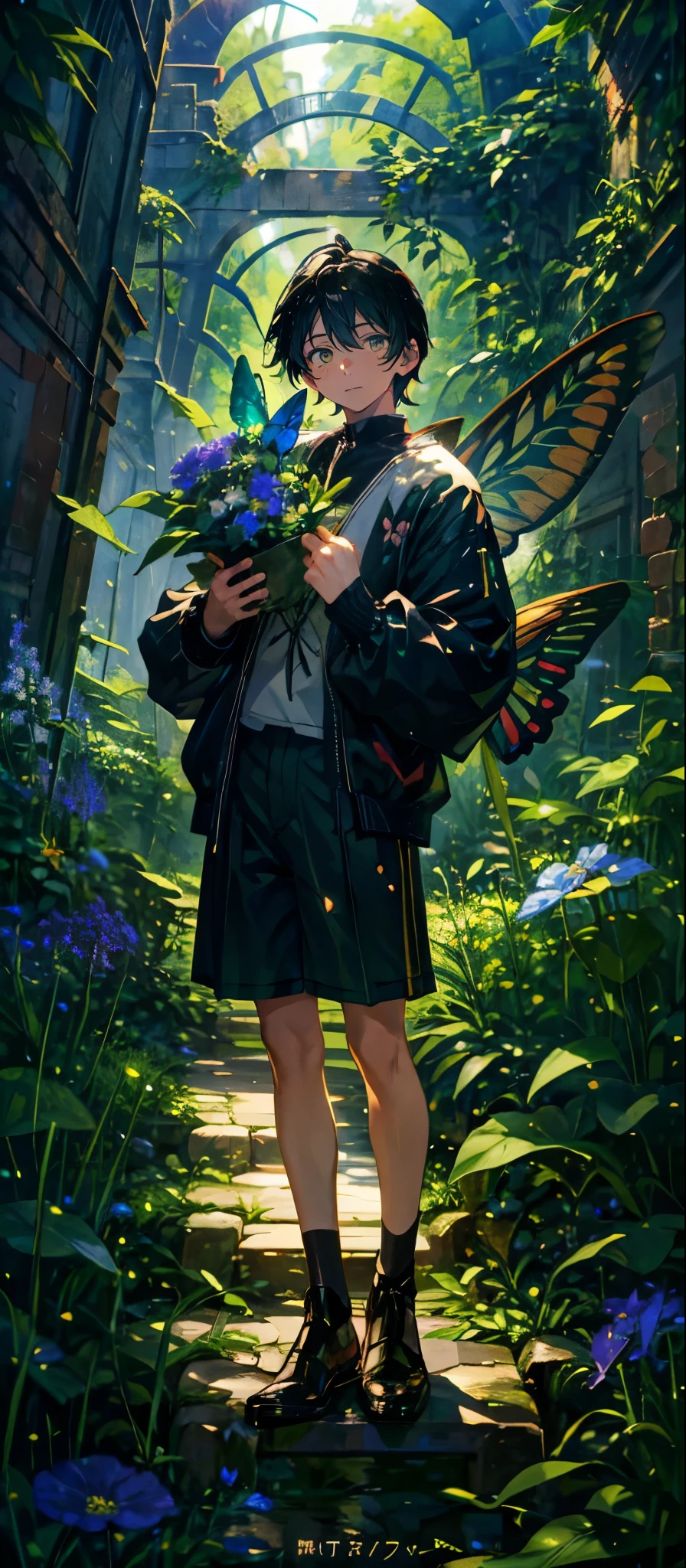 (Mastepiece), (Best Quality), Very detailed, (1 boy:1.5), (Full body solo shot:1.4), Perfect Face, Beautiful Boy, Very detailedな顔，(Black short hair:1.5)，(Green Eyes:1.4)，(short pants:1.4)、(Lots of butterflies々:1.4)、bird、(ruins、Plants、flower:1.4)、mysterious、Fantasy、beautiful、beautiful、(Close your eyes and laugh:1.3)、(Happy Face:1.4)、A big smile