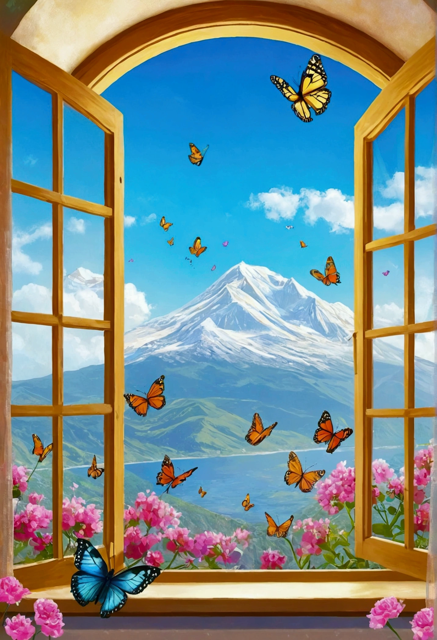 Butterflies fly around a window with a view of a mountain, Butterfly and sunshine, Butterfly, flowers and butterflies, Butterfly in the foreground, Beautiful wallpapers, Beautiful art UHD 4K, Butterflies fly, Beautiful nature, Butterflies flutter in the air, Fantasy Landscape Art, Beautiful mountain background, Landscape Artwork, Whimsical fantasy landscape art, really Beautiful nature